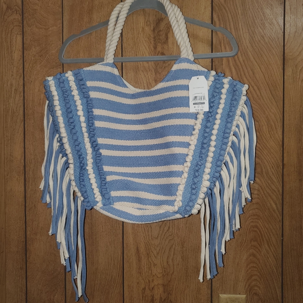 Time & Tru Oversized  Woven Tote Bag with Rope Handles and striped fringe.